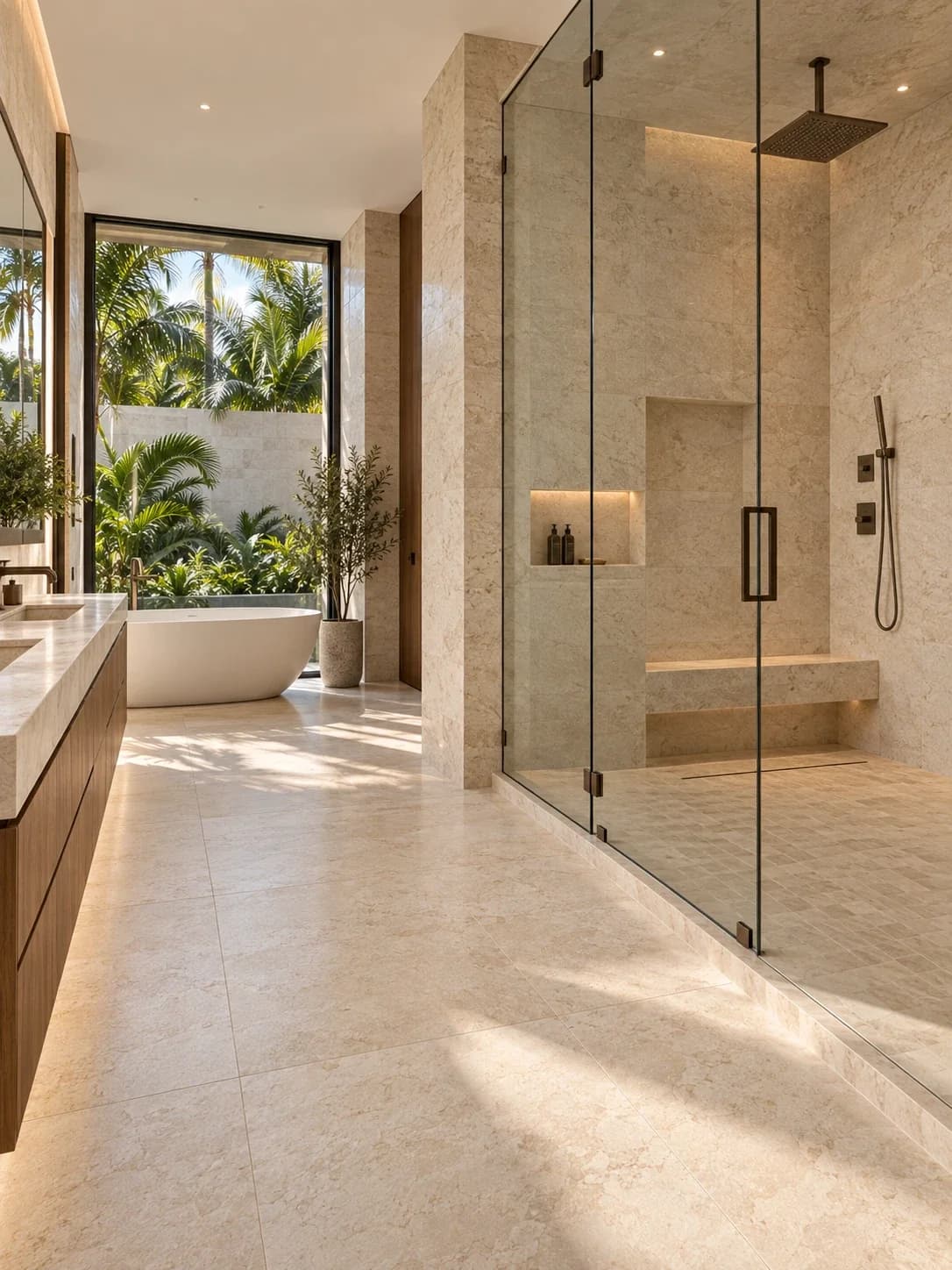 Visualización de diseño de un baño en piedra con ducha de vidrio, nicho, banco y bañera exenta