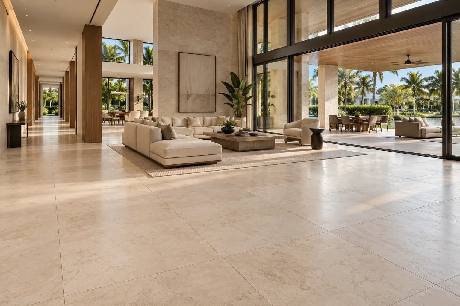 Visualización de diseño de un piso de piedra de gran formato que continúa de la sala a la terraza techada