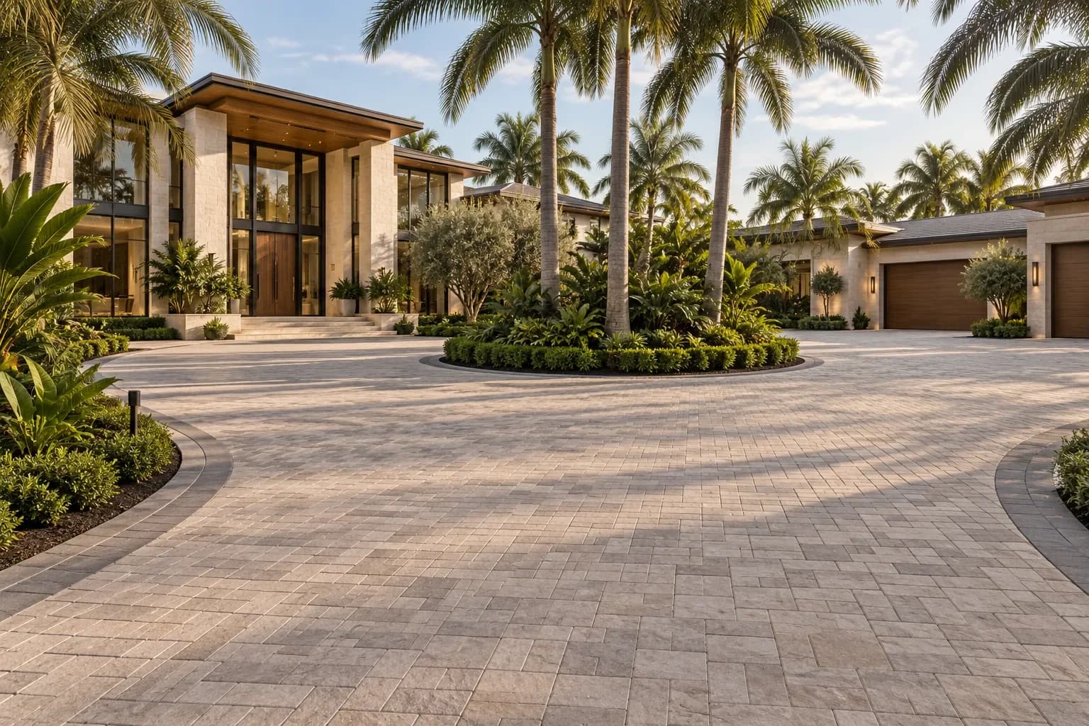 Visualización de diseño de un patio de acceso en pavers con isla ajardinada frente a una residencia moderna
