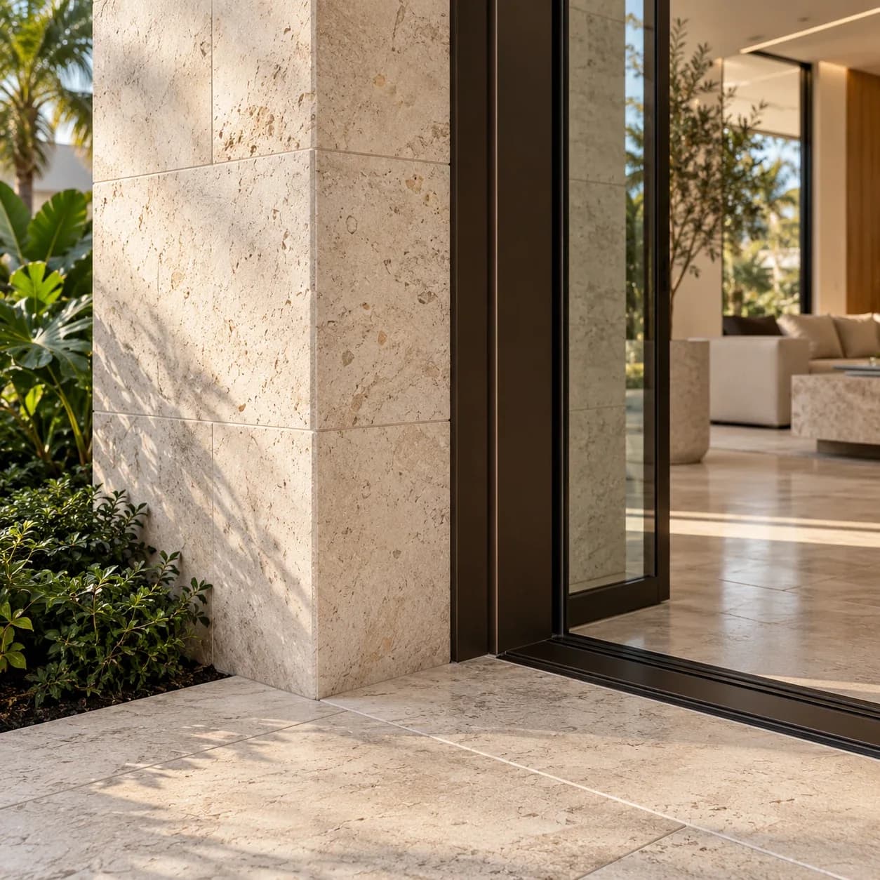 Visualización de diseño de una esquina revestida en piedra junto a un marco de puerta en bronce y piso de piedra