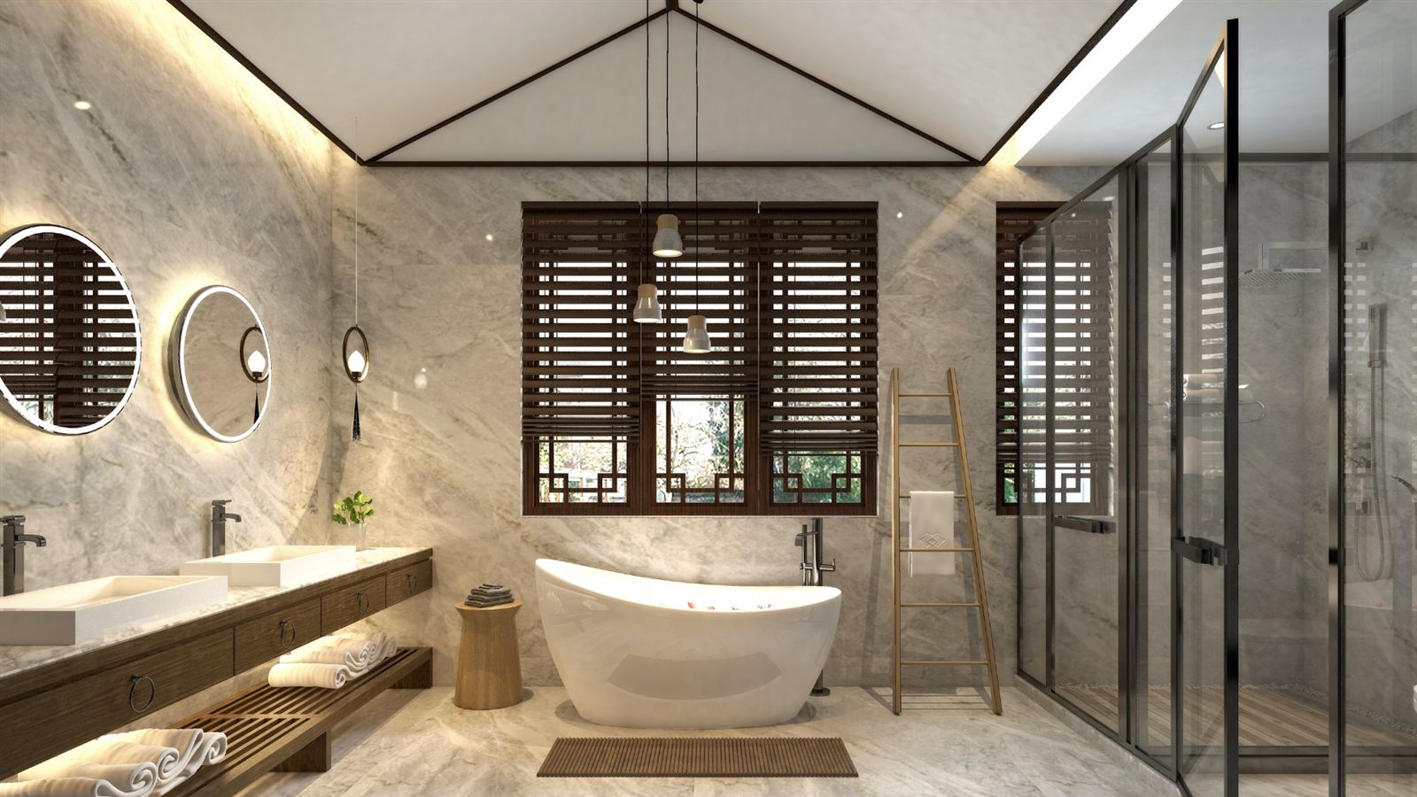Spa-style bathroom design: floor-to-ceiling marble-look tile with freestanding tub