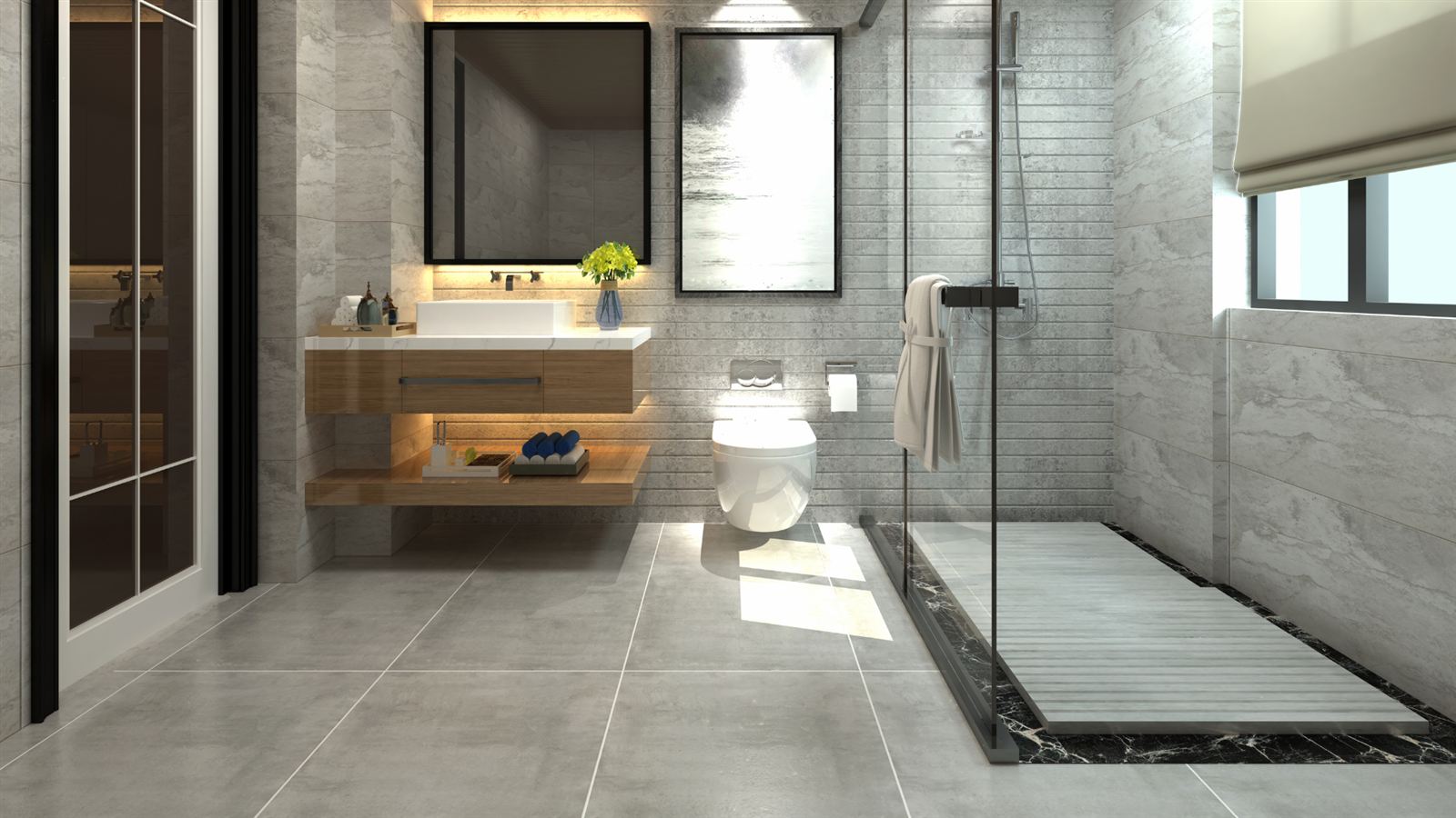 Modern gray bathroom design: large-format floor tile and textured wall tile walk-in shower