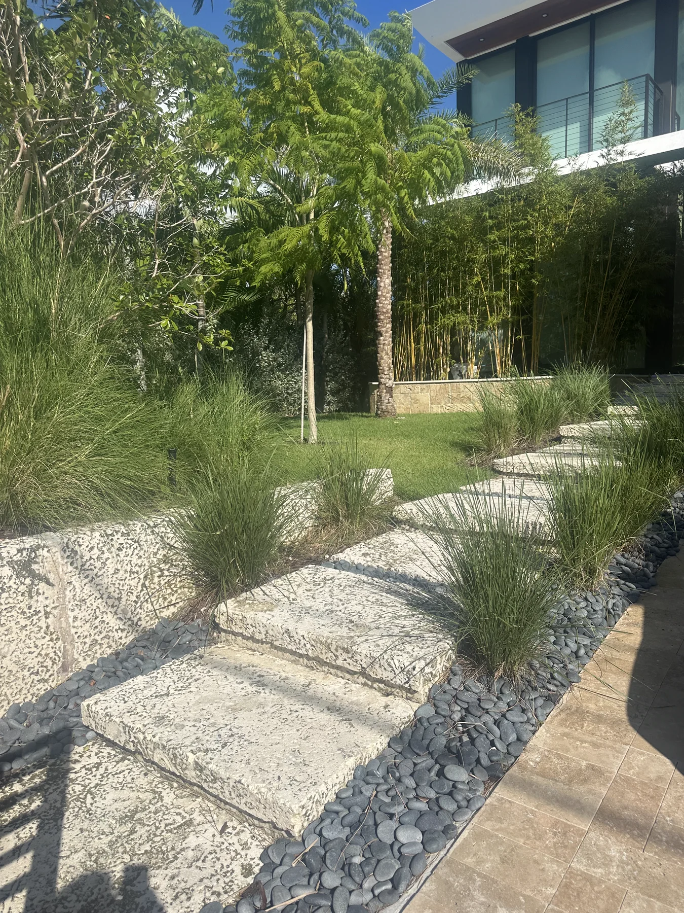 Oolite stone garden path and matching landscape wall in Miami Beach