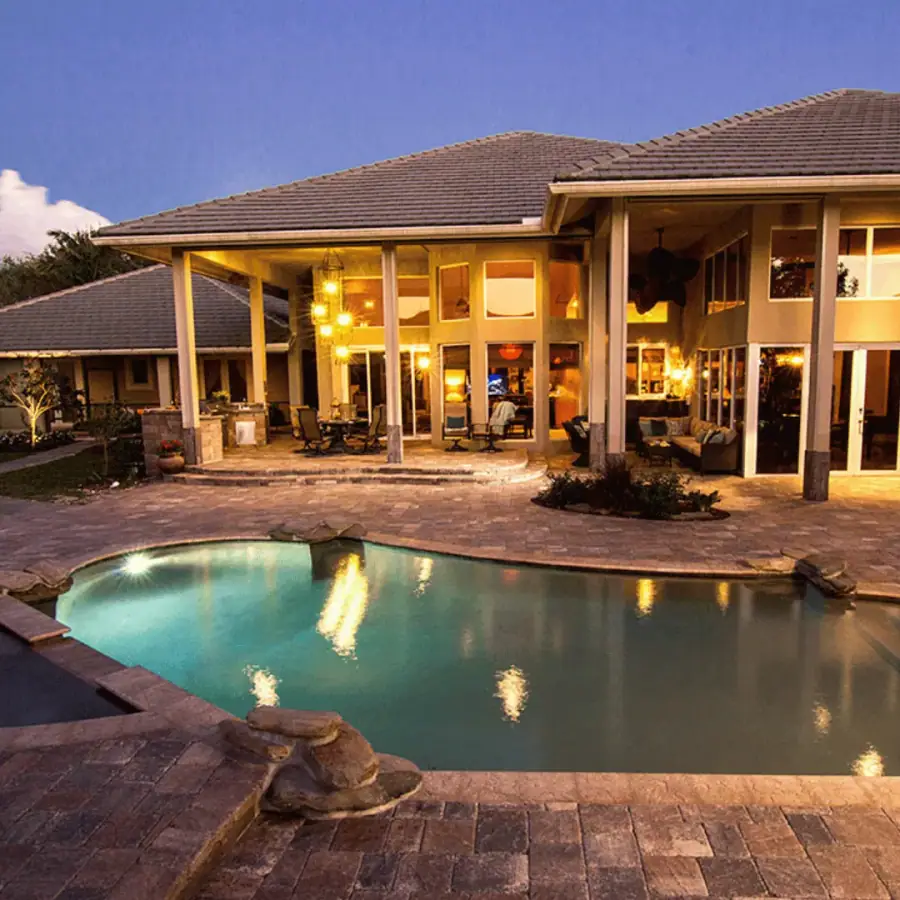 Nighttime patio with fire pit