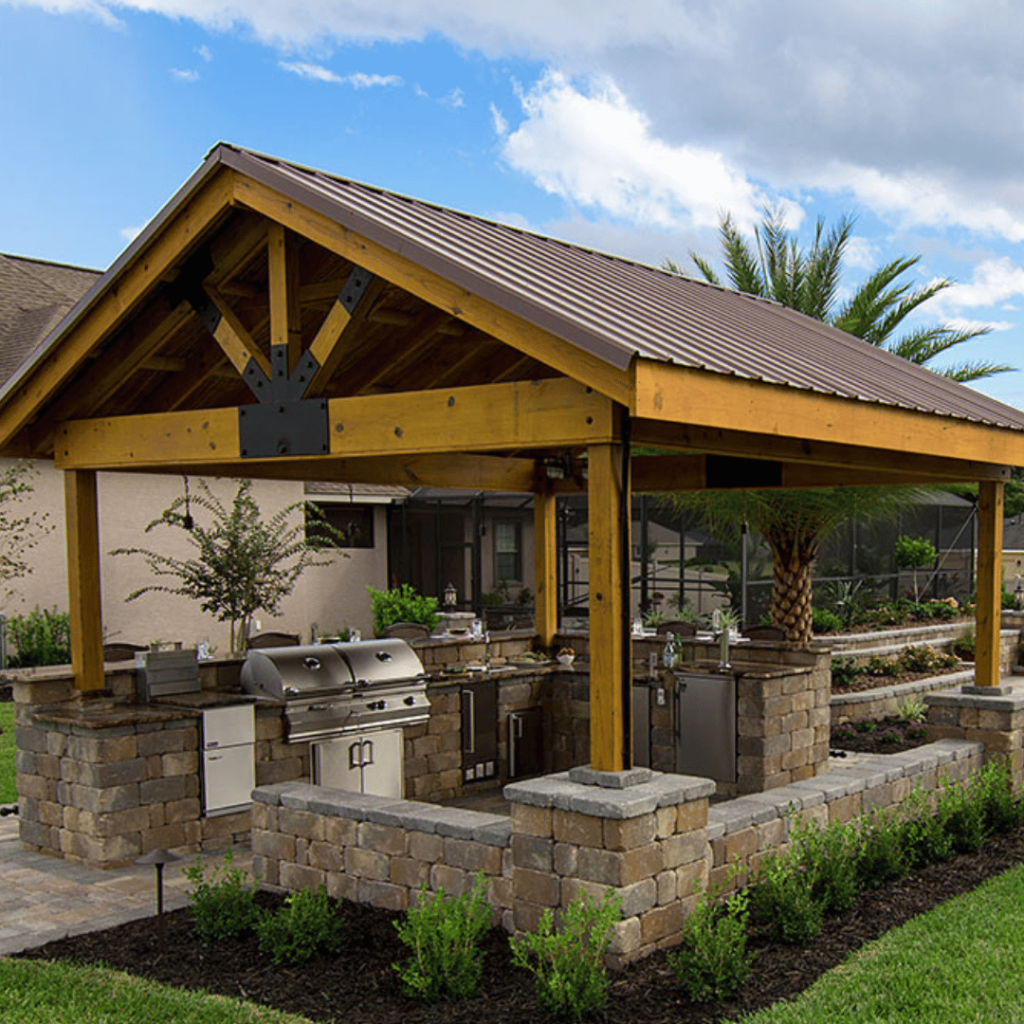 Stylish outdoor kitchen on durable concrete pavers.