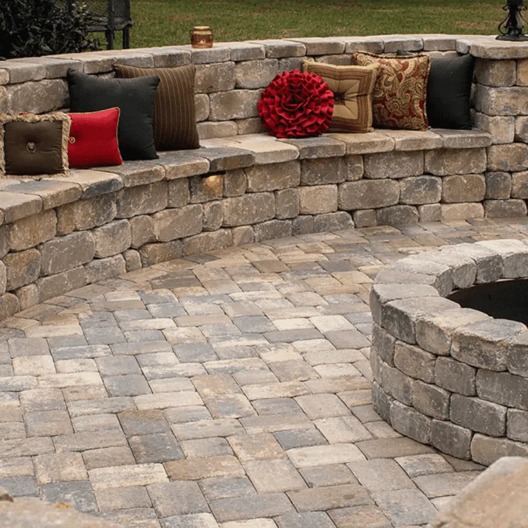 Patio featuring a fire pit built with concrete pavers by Larrauris Constructions.