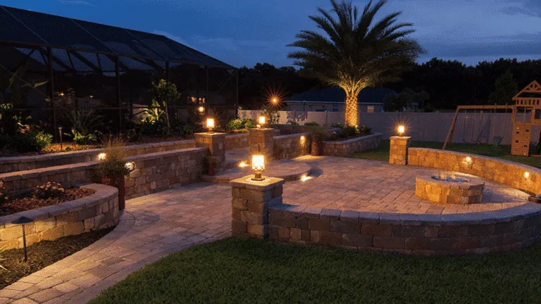 Nighttime view of a stunning multi-level backyard with curved brick paver walls, integrated lighting, a fire pit, and a screened enclosure in the Miami area.