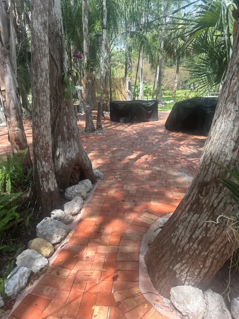 Curved paver and tile installation of a brick path bordered by natural stone in a wooded area near Miami.