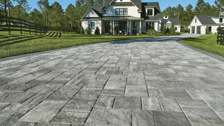 Aerial view of a long, gray rectangular paver stone driveway leading to a white modern farmhouse with black windows.