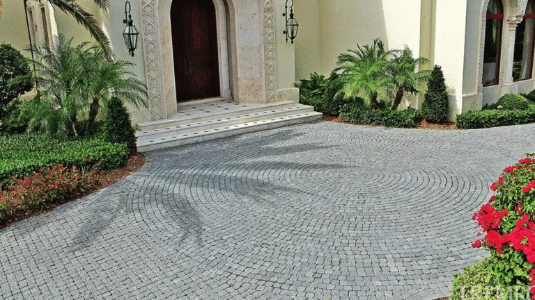 Luxurious home entrance with a light-colored stucco facade and an arched doorway framed by decorative stone. The driveway is covered in dark gray, small cobblestone pavers laid in a radial, circular pattern. The steps are made of light marble or limestone tile