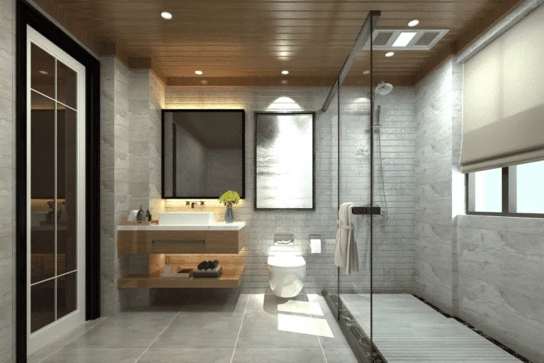 Luxurious modern bathroom remodel with wood ceiling and charcoal tile by bathroom renovation specialists in Seattle and 20 miles nearby.