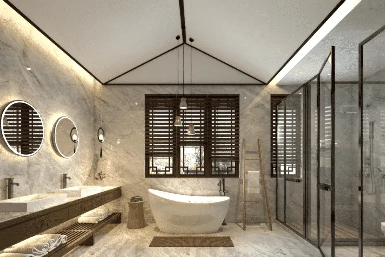 Luxury master bathroom with white marble, wood vanity, modern soaking tub, glass shower, and slatted window blinds.