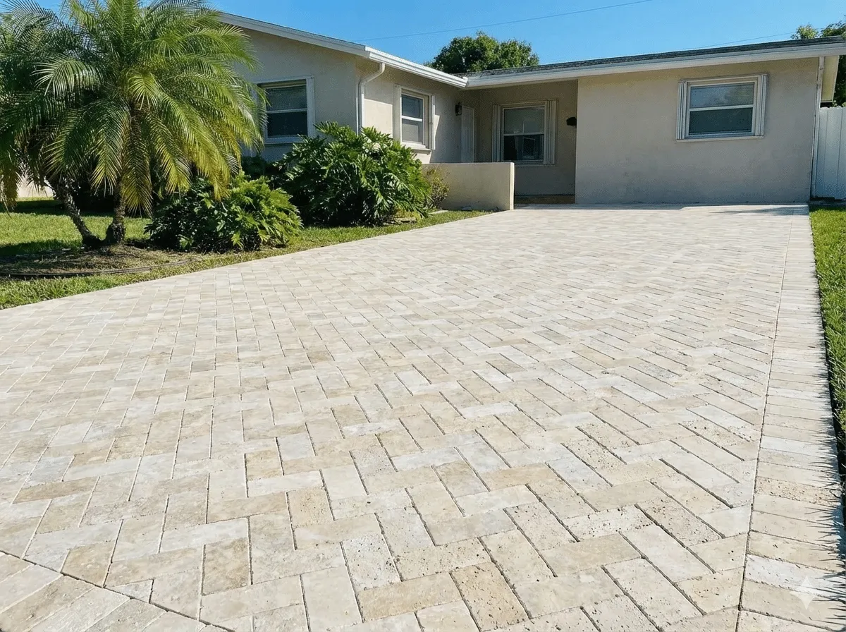 Finished Travertine Driveway Installation
