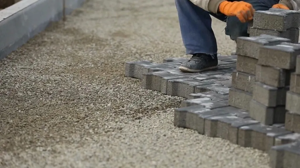 Worker with orange gloves kneeling to set grey concrete pavers on a stone and sand sub-base